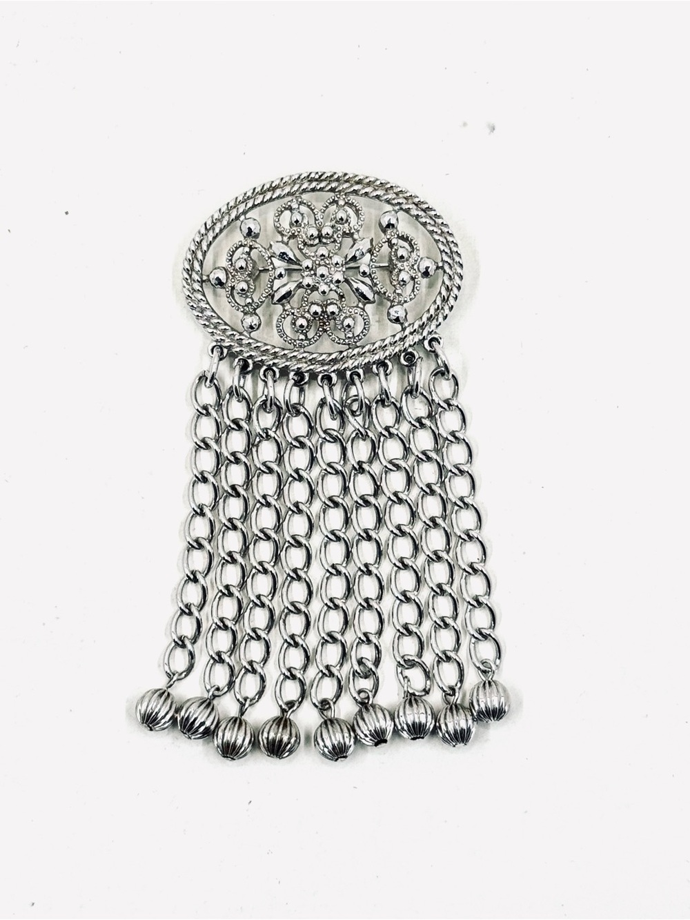 Sarah Coventry Vintage 1960s Silver Fashion in Motion Ornate Oval Tassel Brooch